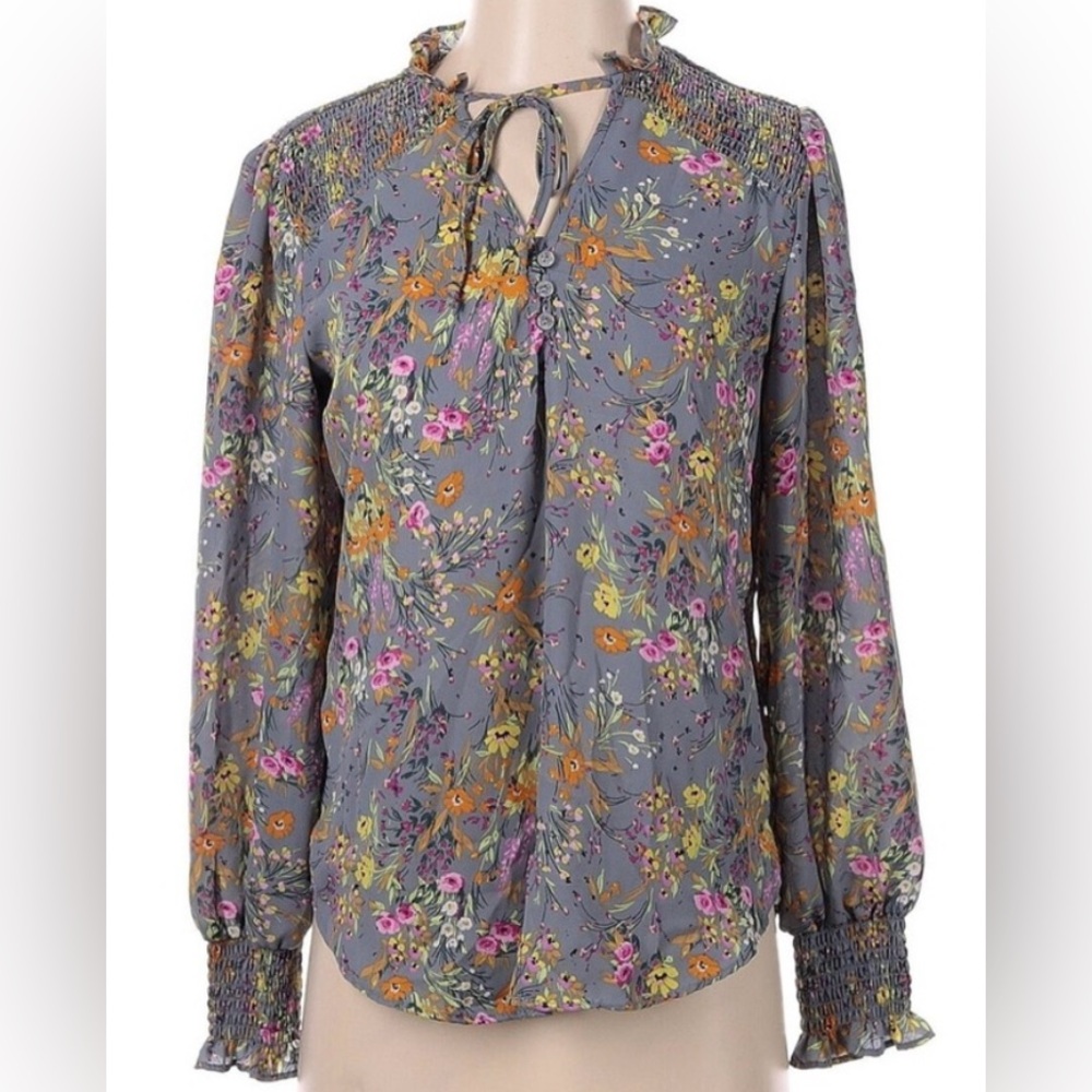 Gray floral blouse with tie neck elastic cuffs large Alex & lili